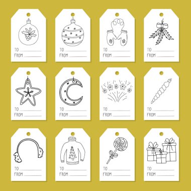 Hediye kutuları için etiket koleksiyonu. Elle çizilmiş Noel ve kış Doodle elementleri. Beyaz arkaplanda izole edilmiş siyah ve beyaz vektör çizimi