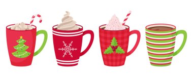 Set of mugs with coffee, tea, cocoa with marshmallow, straw and whipped cream and decorative topping. Hot drinks in mugs with Christmas patterns and elements. Red tones. Flat style, isolated on white
