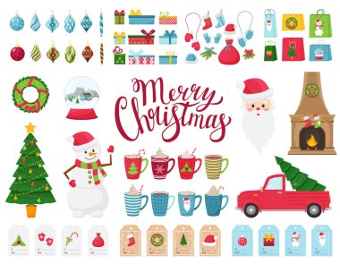 A large set of design elements on the theme of winter and Christmas. A collection of flat-style decorations. Cartoon characters, Christmas tree, gifts, Christmas toys. Isolated on a white background