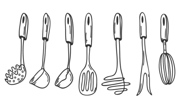 Uppsättning Köksverktyg Doodle Stil Samling Designelement För Dekorera Meny Recept — Stock vektor