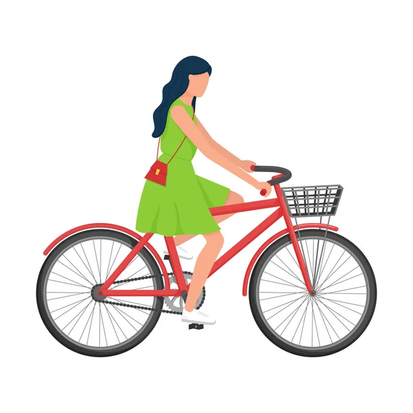 肩の上に財布のあるドレスを着た長髪の女性がバスケット付きの自転車に乗っています 都市環境輸送 夏のベクターイラスト 白い背景に隔離されています フラットなスタイル — ストックベクタ