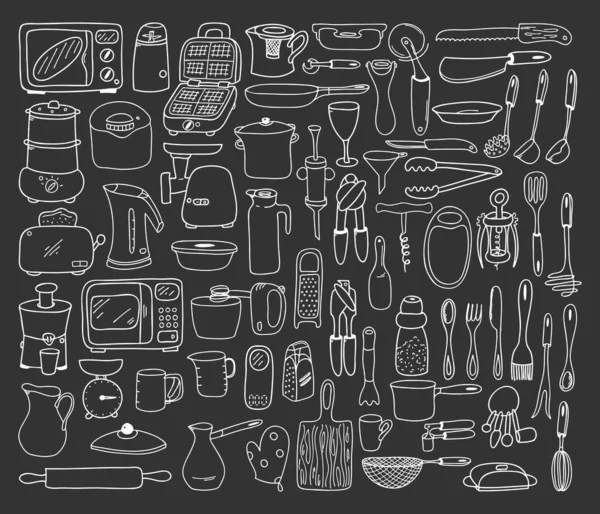 Large Set Kitchen Tools Dishes Utensils Doodle Style Background Chalkboard — стоковый вектор