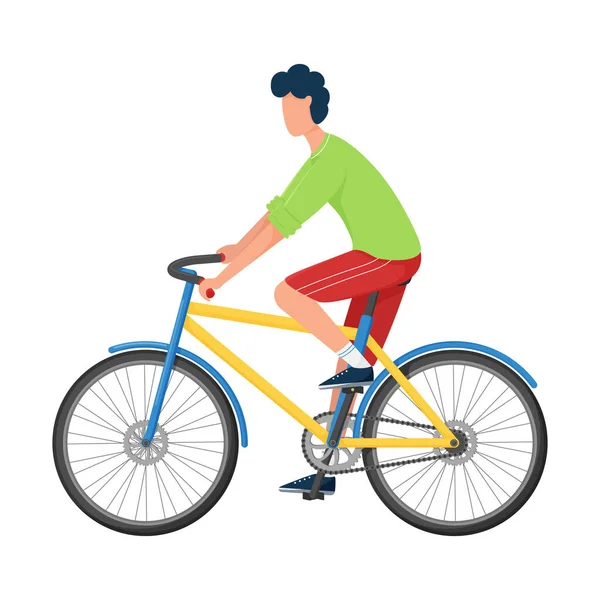 若い男が明るいカジュアルな服やスニーカーで自転車に乗っています フラットスタイル スポーツトレーニング アクティブライフスタイル カラーベクトルイラスト 白い背景に隔離された — ストックベクタ