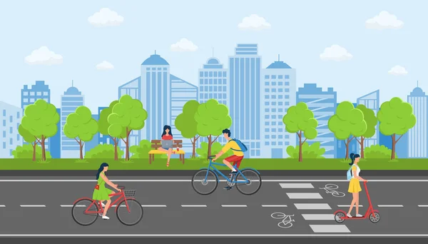 若い女の子と男は自転車に乗って スクーター 女の子は ラップトップで動作します 市内の公共公園での活動の概念夏の日 フラットベクトル — ストックベクタ