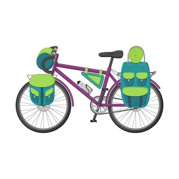 自転車はハイキング サイクリングツアーのために装備されています トランクやステアリングホイールにバックパック付き自転車のフラットベクトルイラスト 自転車で旅行するというコンセプト アウトドアアドベンチャー — ストックベクタ