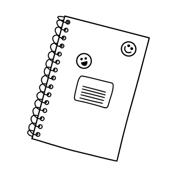 封闭的学校笔记本在螺旋形上 有文字空间 Doodle Stationery Pupils Students 设计学校 学习和业余爱好的元素 黑白相间的矢量手绘 白色孤立 — 图库矢量图片