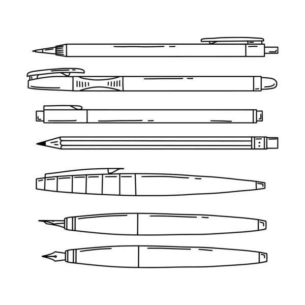 一套钢笔 自动铅笔和普通铅笔 书法笔 用于书写和绘图的文体 学习用品 黑色和白色的矢量 涂鸦的风格 手绘隔离在白色背景上 — 图库矢量图片