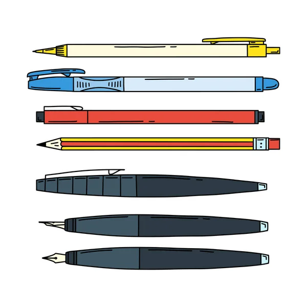 自動および通常の鉛筆 書道ペンのセット 文字や絵を描くための文房具 学校の備品だ カラーベクトルイラスト 馬鹿なスタイルだ 白い背景に孤立して描かれた — ストックベクタ