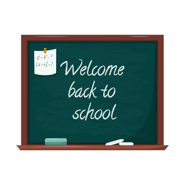 stock vector Blackboard with lettering Back to school. There are chalk marks on the Board. A sheet of notes is attached with a button. Copy space, a place for text. Vector illustration in flat style