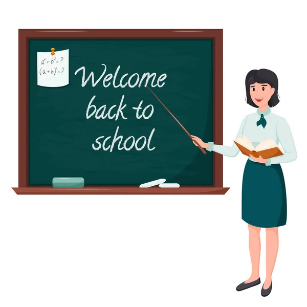 A female teacher stands at the blackboard with a pointer in one hand and an open book in the other. A happy teacher in classic clothes smiles. Back to school. Vector illustration in flat style.