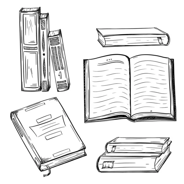 本の収集 スタック内のハードカバーの本 開いている本 スケッチスタイルでトップビューの本 教科書 白黒のベクトル図 白地に手描き分離 — ストックベクタ