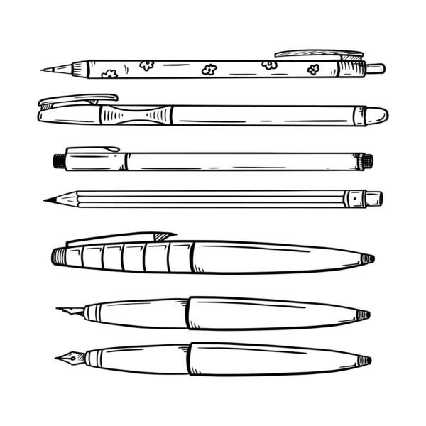 Συλλογή Από Στυλό Αυτόματα Και Κανονικά Μολύβια Καλλιγραφικά Στυλό Χαρτικά — Διανυσματικό Αρχείο