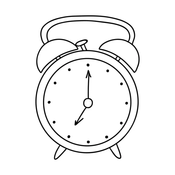 ドゥードルスタイルの目覚まし時計 時計の針は７時です ハンマーでヴィンテージラウンドアラーム時計 白地に手描きで孤立 白黒ベクトルイラスト — ストックベクタ