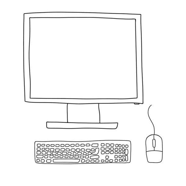 Οθόνη Πληκτρολόγιο Και Ποντίκι Στυλ Doodle Workplace Εξοπλισμός Γραφείου Σχεδιαστικά — Διανυσματικό Αρχείο