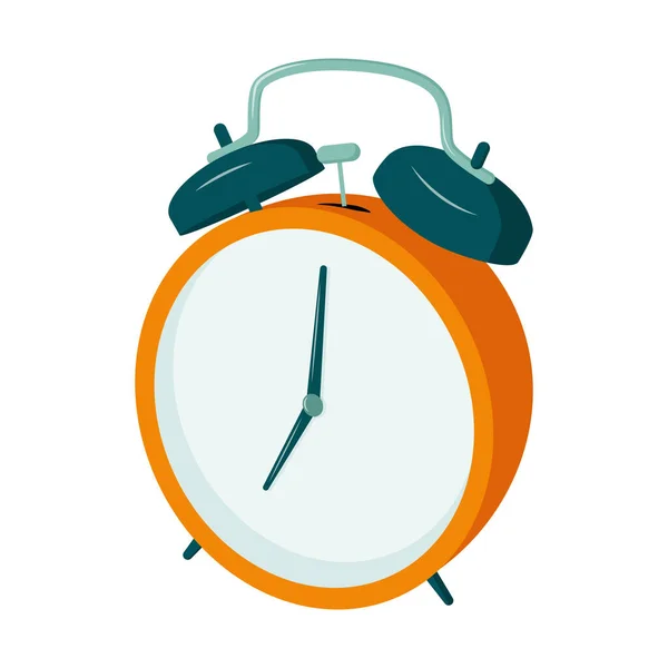 ハンマーでレトロな目覚まし時計 遠近法で描かれている 学校や仕事のために目を覚ます時間 時計のアイコン 白い背景に隔離されています フラットスタイルのカラーベクトルイラスト — ストックベクタ