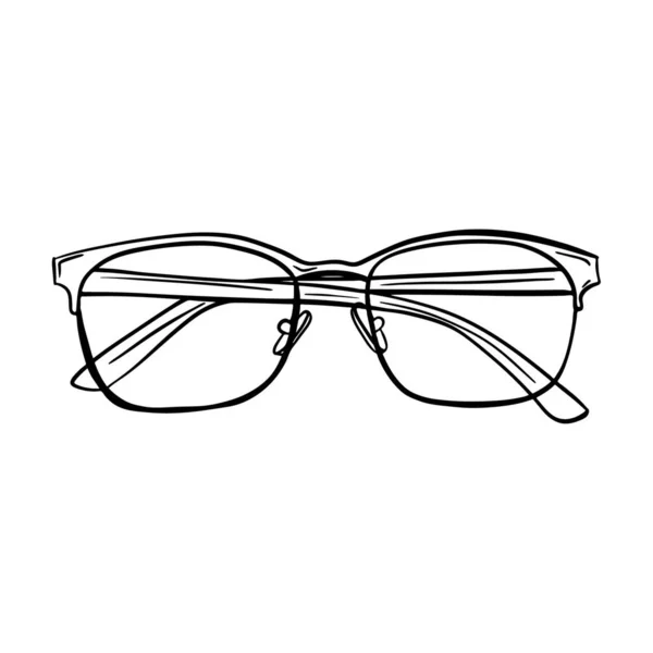 光学ガラスのスケッチ 折り畳まれた腕を持つ透明なレンズを持つ眼鏡 馬鹿なスタイルだ 正面図 白地に手描きで孤立 白黒ベクトルイラスト — ストックベクタ