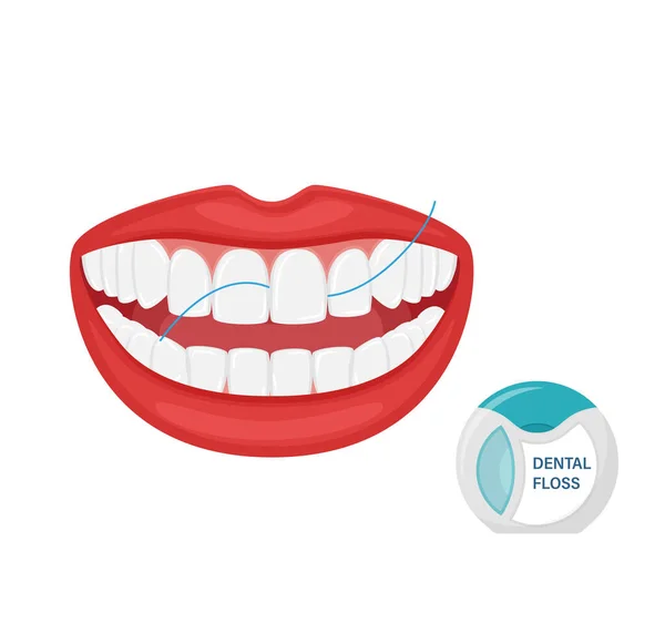 Flossing Sus Dientes Limpieza Dental Con Hilo Dental Higiene Oral — Vector de stock