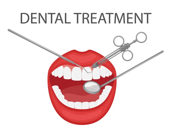 Examen Dental Tratamiento Dientes Con Espejo Herramientas Cita Dental Preventiva — Vector de stock