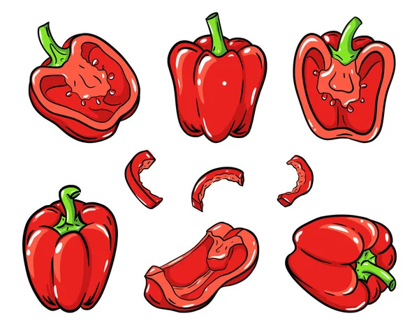 Conjunto Pimientos Dulces Estilo Contorno Una Verdura Fresca Dibuja Mano — Archivo Imágenes Vectoriales