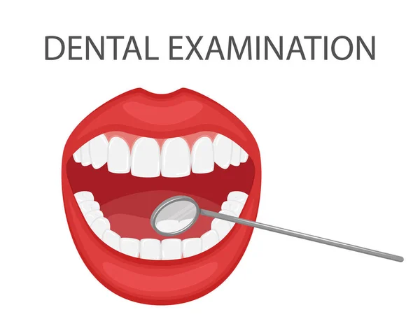 Examen Dental Dientes Con Espejo Herramientas Cita Dental Preventiva Profesional — Vector de stock