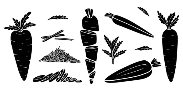 Sárgarépa Sziluettek Doodle Stílusban Kézzel Rajzolt Zöldségek Gyűjteménye Egy Sor — Stock Vector