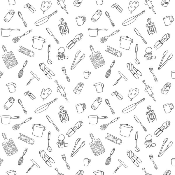 Seamless pattern with elements of kitchen utensils, utensils and appliances. Black-white background for menu design,brochures, web pages. Doodle illustration is hand drawn and isolated on white.Vector
