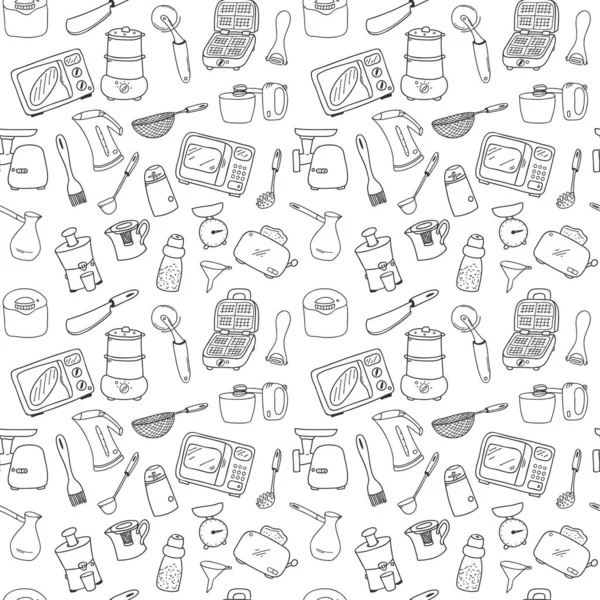 stock vector Seamless pattern with elements of kitchen utensils, utensils and appliances. Black-white background for menu design,brochures, web pages. Doodle illustration is hand drawn and isolated on white.Vector