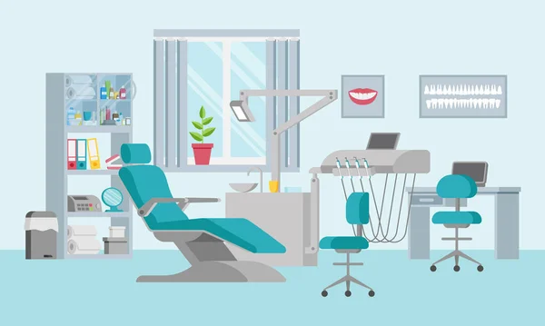 Έννοια Μιας Οδοντιατρικής Μονάδας Ρυθμιζόμενη Καρέκλα Λάμπα Ράφι Νεροχύτη Και — Διανυσματικό Αρχείο