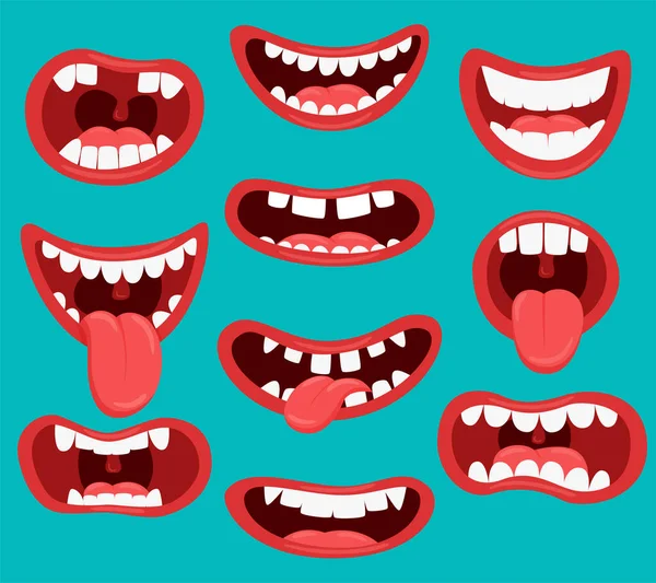 Wariacje Ust Potwora Śmieszne Usta Zębami Język Wystające Zewnątrz Zestaw — Wektor stockowy