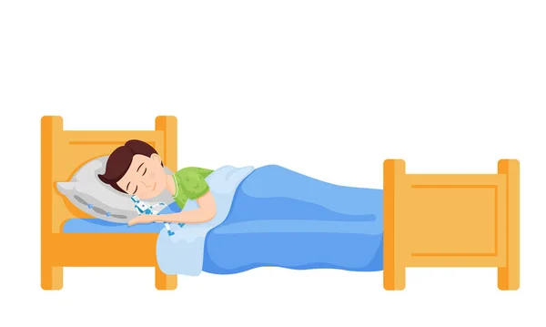 一个男孩抱着一个机器人玩具睡在床上 卡通人物很好很可爱孩子在睡梦中笑着 晚上休息 白色背景上孤立的扁平的儿童插图 — 图库矢量图片