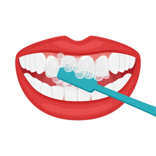 Sonriente Boca Abierta Cepillarse Los Dientes Con Cepillo Dientes Hermosos — Vector de stock