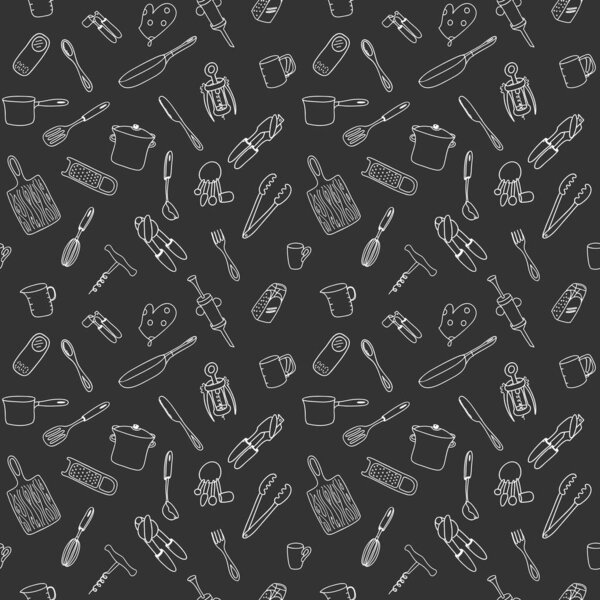 Seamless pattern with elements of kitchen utensils, utensils and appliances. Black-white background for menu design,brochures, web pages. Doodle illustration is hand drawn and isolated on dark. Vector