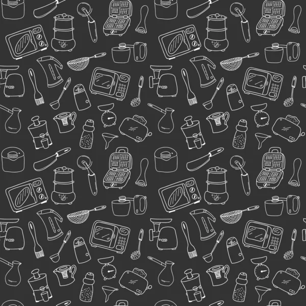 Mutfak gereçleri, mutfak aletleri ve aletleriyle kusursuz desen. Menü tasarımı, broşürler, web sayfaları için siyah-beyaz arka plan. Doodle illüstrasyonu karanlıkta elle çizilmiş ve izole edilmiştir. Vektör