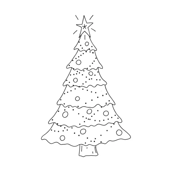Versierde Kerstboom Doodle Stijl Schets Met Hand Getekend Geïsoleerd Een — Stockvector