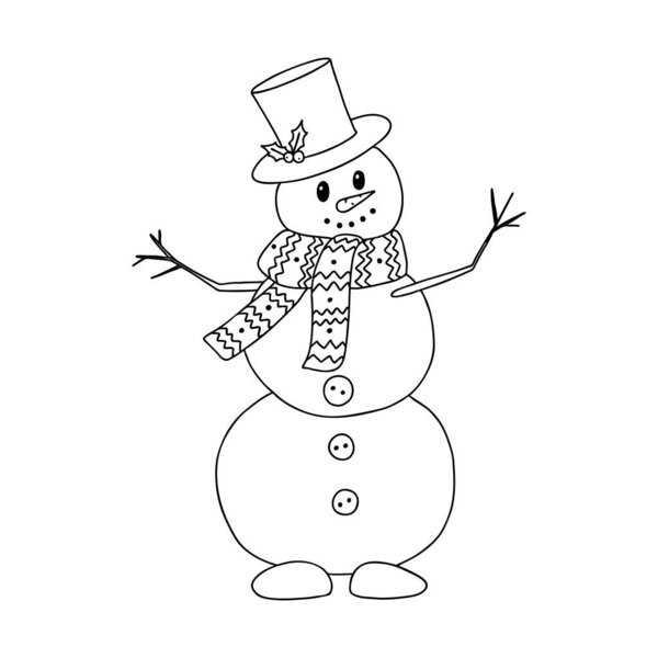 Snowman in a scarf and top hat in Doodle style. The sketch is hand-drawn and isolated on a white background. Element of new year and Christmas design. Outline drawing. Black-white vector illustration.