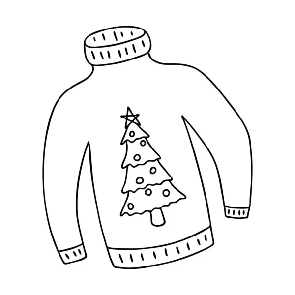 Trui Met Kerstboom Doodle Stijl Schets Met Hand Getekend Geïsoleerd — Stockvector