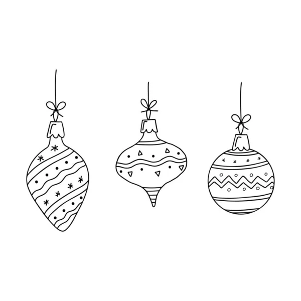 落書きスタイルのクリスマスのおもちゃのセット スケッチは手描きで白地に隔離されています 新年とクリスマスのデザインの要素 概要図 白黒ベクトル図 — ストックベクタ