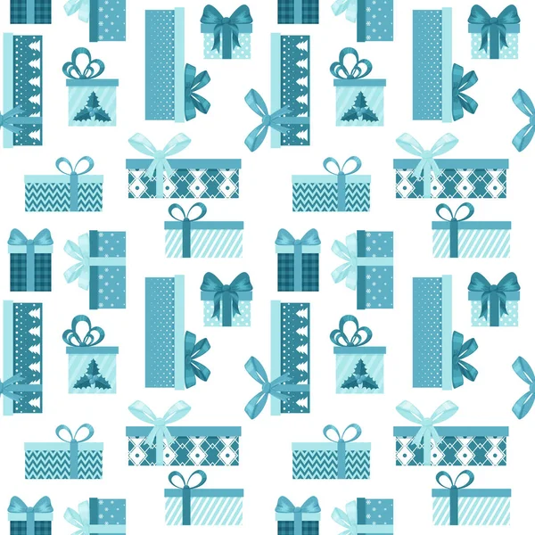 Nahtloses Muster Mit Geschenkschachteln Mit Schleifen Blautönen Auf Weißem Hintergrund — Stockvektor