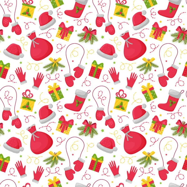 Nahtloses Muster Mit Hellen Weihnachtselementen Auf Weißem Hintergrund Ideal Für — Stockvektor
