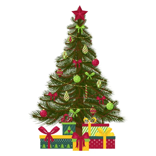 Árvore Natal Decorada Com Brinquedos Árvore Natal Bolas Contas Uma — Vetor de Stock