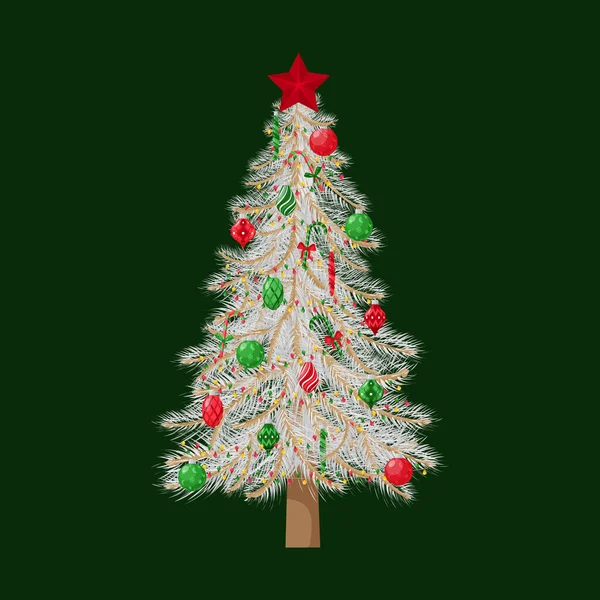 Рождественская Елка Белыми Ветвями Украшенная Игрушками Шарами Звездой Поздравительных Открыток — стоковый вектор
