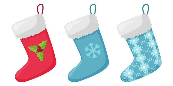 Kerstsokken Voor Cadeautjes Rode Blauwe Sokken Met Een Patroon Sneeuwvlok — Stockvector