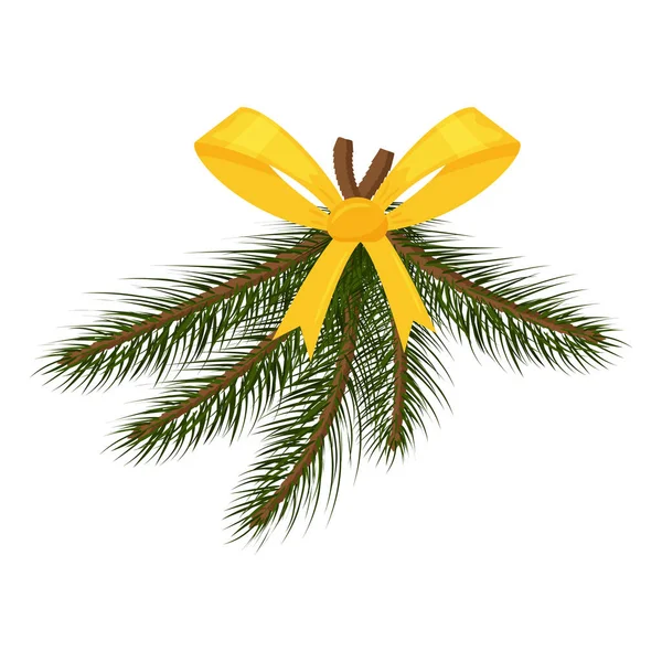 Spruce Branches Yellow Bow Elements Christmas Decor Flat Style Isolated — Stock Vector
