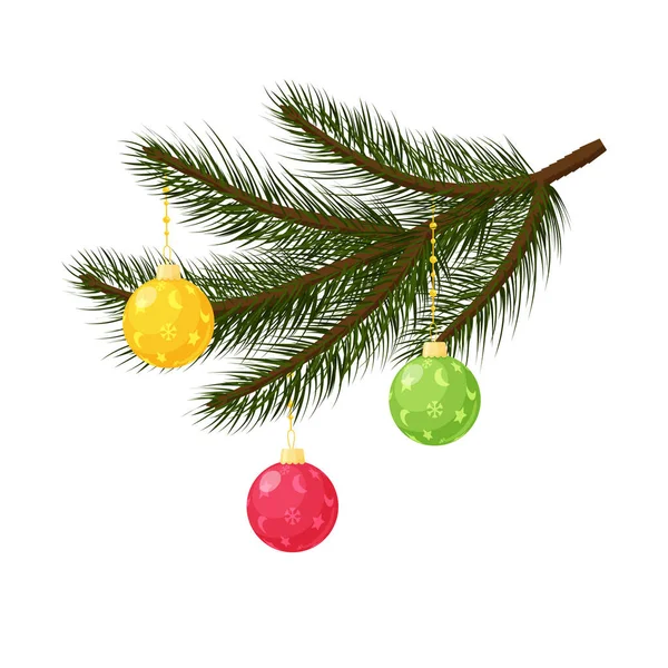Spar Takken Met Kleurrijke Kerstballen Elementen Van Kerstdecor Een Platte — Stockvector