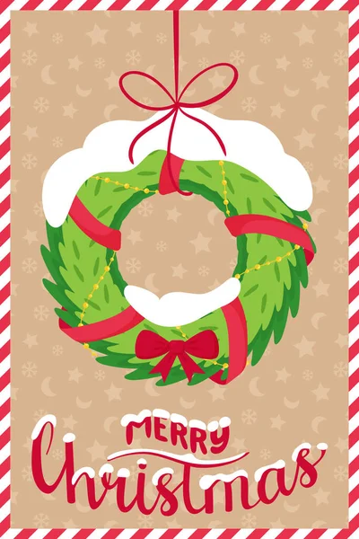 stock vector The concept of a new year, Christmas greeting card with the words Merry Christmas. Spruce wreath with ribbons, bows and snow.Vertical greeting card template in a flat style with elements of Christmas