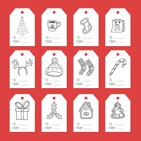 Collection Tags Gift Boxes Set Labels Simple Hand Drawn Christmas — Stock Vector