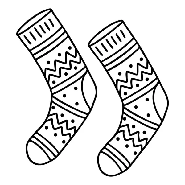 一双有涂鸦图案的暖袜子 草图是手绘的 背景是白色的 新年元素和圣诞设计 黑白矢量图解 — 图库矢量图片