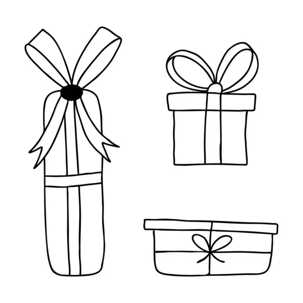 Set Gift Boxes Bow Doodle Style Sketch Hand Drawn Isolated — Stock Vector