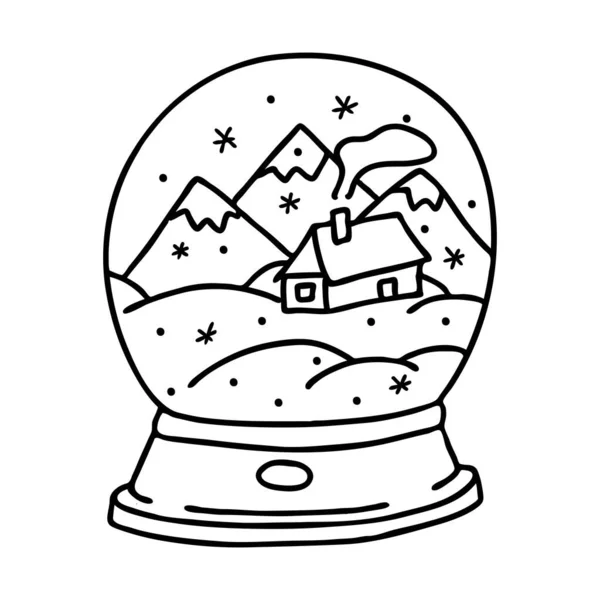 Globo Neve Com Casa Montanhas Estilo Doodle Esboço Desenhado Mão — Vetor de Stock