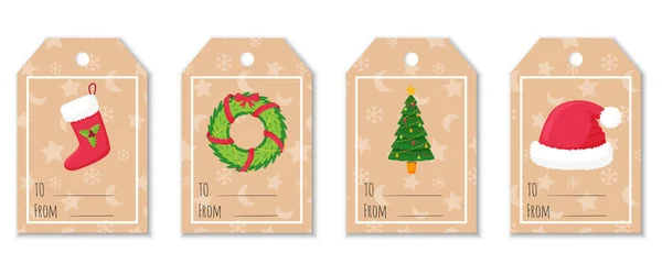 Zestaw Etykiet Tagów Prezenty Elementami Świątecznymi Boże Narodzenie Pończochy Futrzany — Wektor stockowy